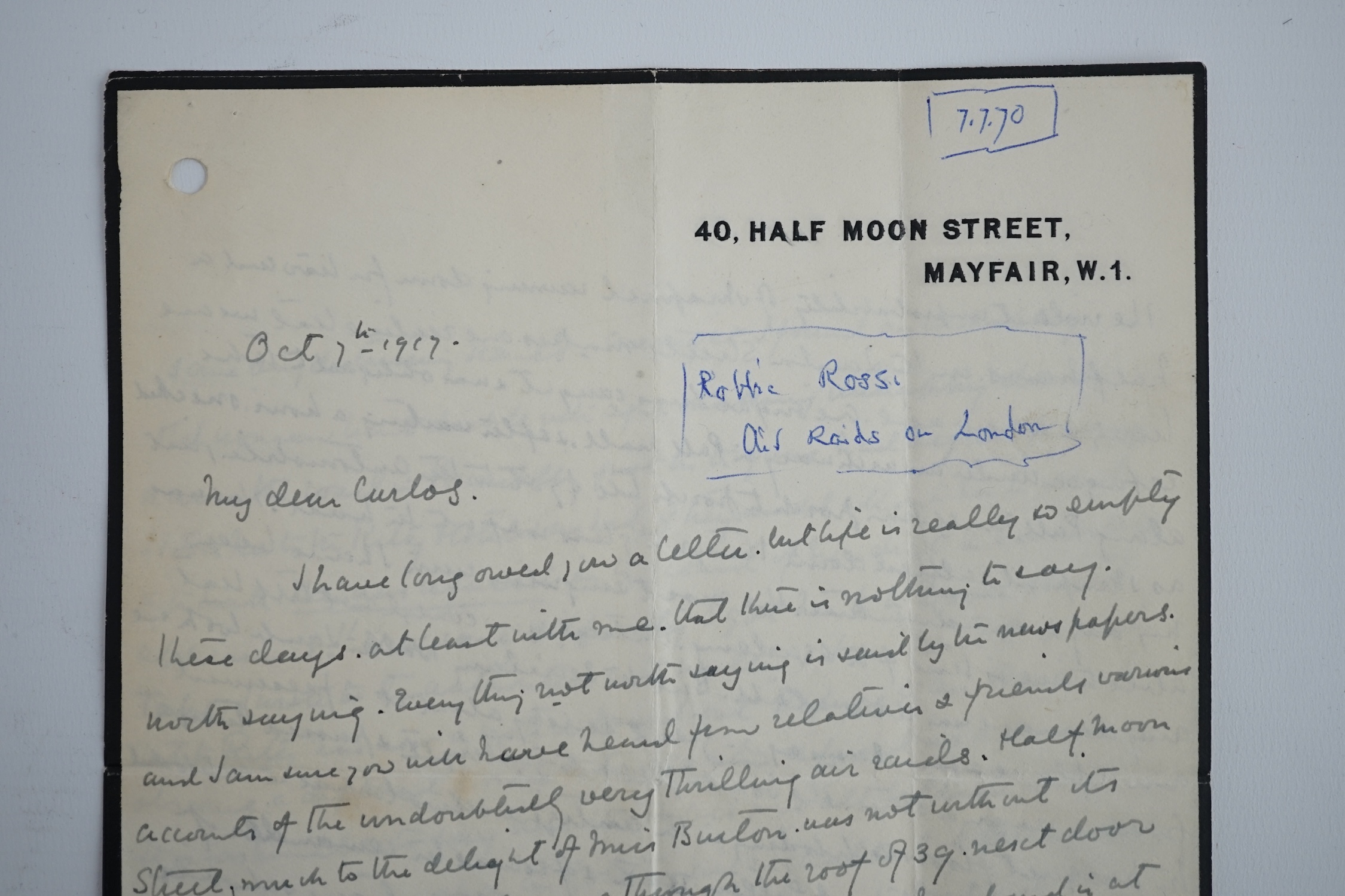 Robbie Ross (1869-1918), ALS to ‘Carlos’, 7 October 1917, 4 pp. Robbie Ross is best known for his relationship with and championing of Oscar Wilde